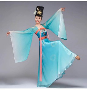 Women hanfu Blue chinese classical folk dance costumes hanfu empress performance dress wide sleeves